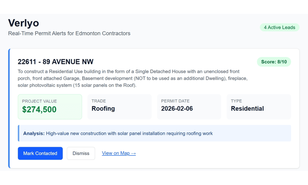 Verlyo Dashboard showing permit details for 22611 - 89 Avenue NW with $274,500 value